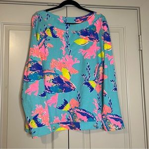 Lilly Pulitzer womens XL Blouse Fish Coral Blue Pink LS Jersey Cotton round neck